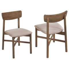 Bring a touch of simplicity and comfort to your dining space with this stylish chair. Designed with a minimalist appeal, the chair is crafted from a mix of solid wood and engineered wood for both durability and a natural aesthetic. The tan fabric upholste
