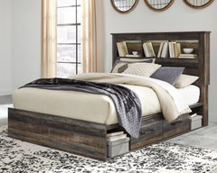 When merged in just the right way, rustic and industrial styles can make one happy marriage. Case in point: this queen bookcase bed with storage. A refined take on barn board beauty, its complex, replicated wood grain showcases hints of burnt orange and t