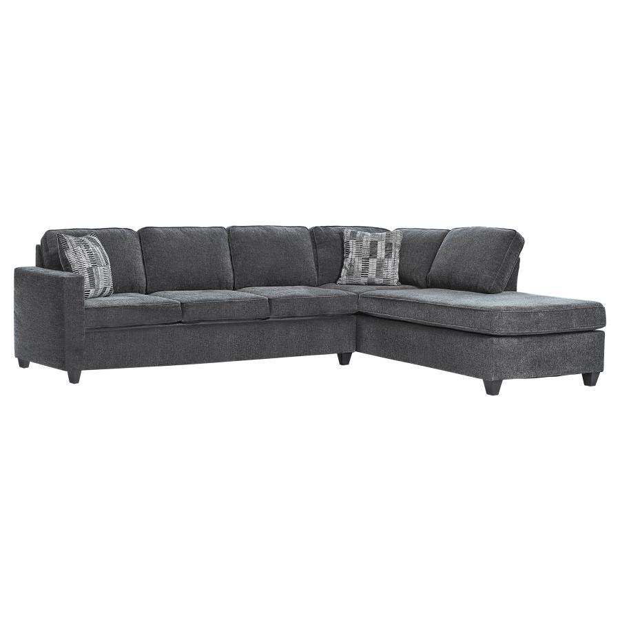 Enjoy a new family favorite for your living room, den, or entertainment room. This reversible 2-piece transitional sectional is a handsome addition to your home. Lounge in comfort on the plush dark grey chenille fabric seat and back cushions and rest your