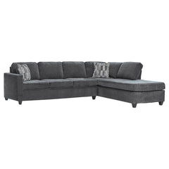 Enjoy a new family favorite for your living room, den, or entertainment room. This reversible 2-piece transitional sectional is a handsome addition to your home. Lounge in comfort on the plush dark grey chenille fabric seat and back cushions and rest your