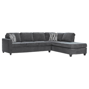 Enjoy a new family favorite for your living room, den, or entertainment room. This reversible 2-piece transitional sectional is a handsome addition to your home. Lounge in comfort on the plush dark grey chenille fabric seat and back cushions and rest your