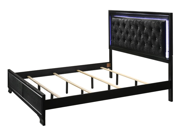  making a bold statement with its textured surfaces and rich black finish. The bed