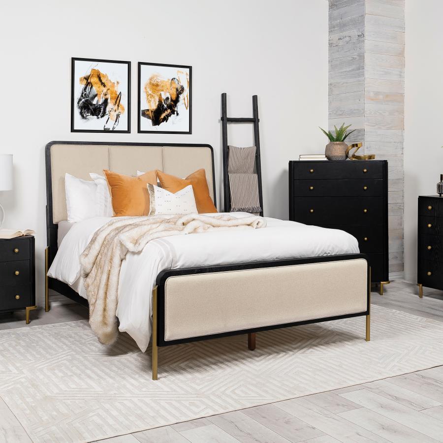 Elevate your coastal bedroom with this stunning panel bed, designed with retro-inspired elements and luxurious details. Cream fabric upholstery on the headboard and footboard is framed by a sleek black edge, creating a bold contrast and soft texture. The 