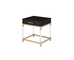 Match your seating ensemble with this Adiel End Table to lend a modern flair to your living room. The beautiful metal frame in gold finish adds a touch of glam to this contemporary piece, with clear acrylic legs that elegantly frame the design. The metal 