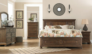 Flynnter - Medium Brown - 5 Pc. - Dresser, Mirror, King Panel Bed with 2 Storage Drawers
