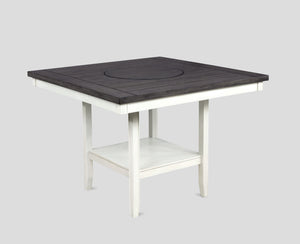  designed to bring a touch of modern farmhouse charm to your home. The centerpiece table features a stunning dark wood top with built-in turntable that contrasts beautifully with the d
