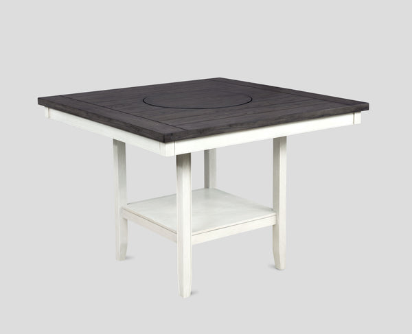  designed to bring a touch of modern farmhouse charm to your home. The centerpiece table features a stunning dark wood top with built-in turntable that contrasts beautifully with the d