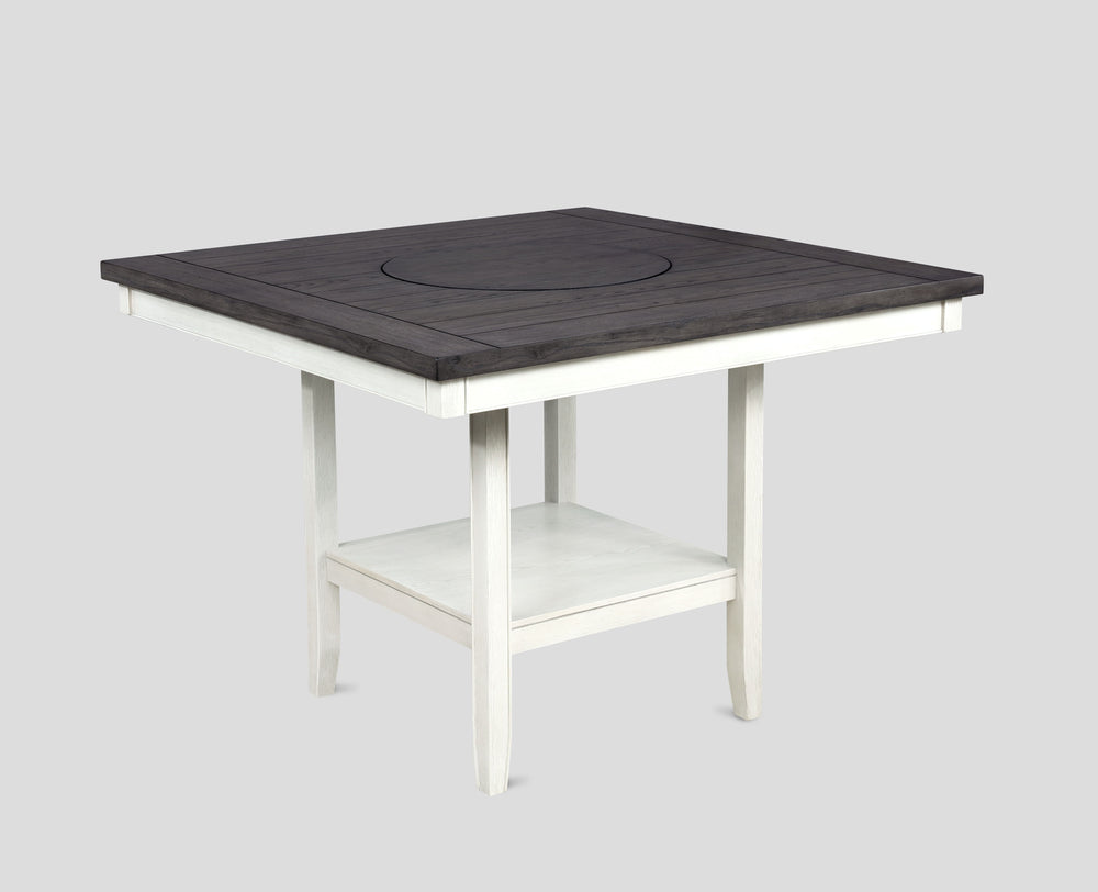 Transform your dining area with this elegant counter height dining set, designed to bring a touch of modern farmhouse charm to your home. The centerpiece table features a stunning dark wood top with built-in turntable that contrasts beautifully with the d