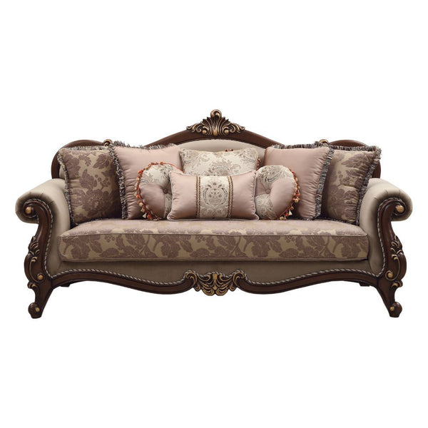  follow the elegant curve of the rolled arms that make a transition to the wood trimmed arched padded backrest which is silhouetted by a ca