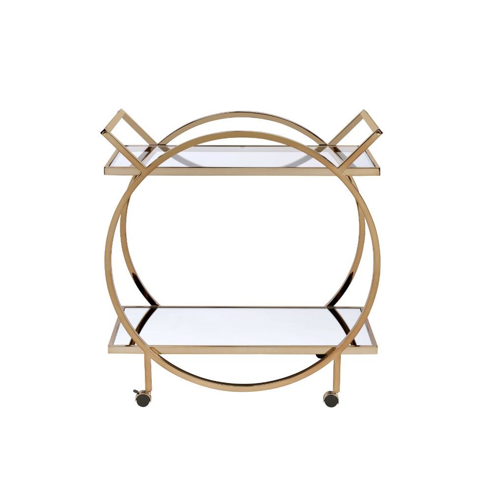 Roll out an artful decor anywhere in your home with this Traverse serving cart. The beautiful frame is crafted with quality metal tube and finished in elegant champagne. With the glass top shelf and mirrored bottom shelf, its timeless design will liven up