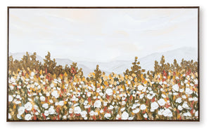 This wall art offers a beautiful contrast between a field of white flowers and the wide-open sky. A serene interpretation of the beauty of nature, its muted tones pair well with a variety of color palettes. Hand-painted embellishments complete the piece.<