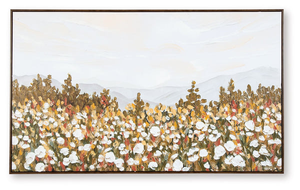 This wall art offers a beautiful contrast between a field of white flowers and the wide-open sky. A serene interpretation of the beauty of nature, its muted tones pair well with a variety of color palettes. Hand-painted embellishments complete the piece.<