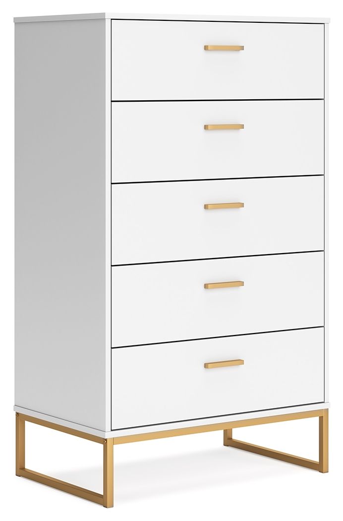 Light and bright, this chest of drawers is inspired by chic design. A matte white finish and goldtone accents offer an elegant touch to this so-cool piece. It beautifully blends the hues of natural living with the edginess of your modern lifestyle.<br/><b