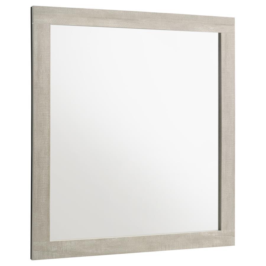 This contemporary mirror adds a refined touch to any bedroom with its clean, minimalist frame and rustic cream finish. Crafted with a rough-sawn, white-washed engineered paper veneer, it complements the dresser with its understated elegance. The mirror no