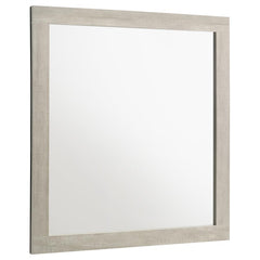 This contemporary mirror adds a refined touch to any bedroom with its clean, minimalist frame and rustic cream finish. Crafted with a rough-sawn, white-washed engineered paper veneer, it complements the dresser with its understated elegance. The mirror no