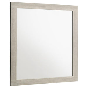 This contemporary mirror adds a refined touch to any bedroom with its clean, minimalist frame and rustic cream finish. Crafted with a rough-sawn, white-washed engineered paper veneer, it complements the dresser with its understated elegance. The mirror no