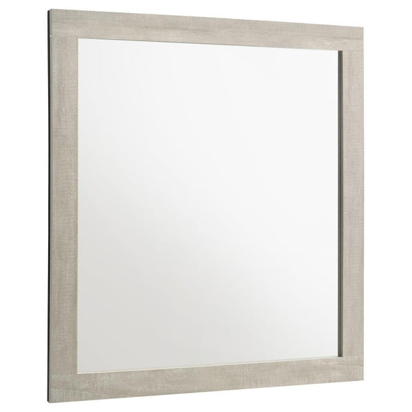 This contemporary mirror adds a refined touch to any bedroom with its clean, minimalist frame and rustic cream finish. Crafted with a rough-sawn, white-washed engineered paper veneer, it complements the dresser with its understated elegance. The mirror no