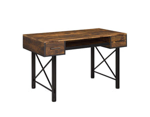 The Settea Desk bring a mix-and-match look with distressed casegood and black metal frame. Found atop a double pedestal base, It is accented with metal trim and -"X-" shpaed support for industrial details. The rectangular table is designed for a spacious 