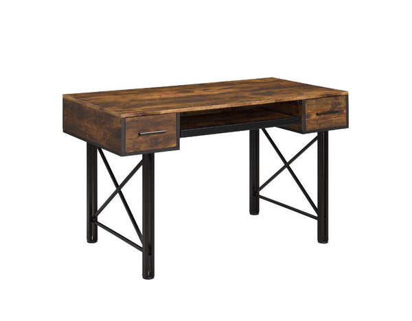 The Settea Desk bring a mix-and-match look with distressed casegood and black metal frame. Found atop a double pedestal base, It is accented with metal trim and -"X-" shpaed support for industrial details. The rectangular table is designed for a spacious 