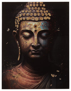 This glass wall art is the perfect addition to a tranquil space. With muted, calming shades of black, teal, rust and gold, this contemporary take on the meditating Buddha instills instant serenity in your home.<br/><br/><b>Product Features</b><ul><li>Prin