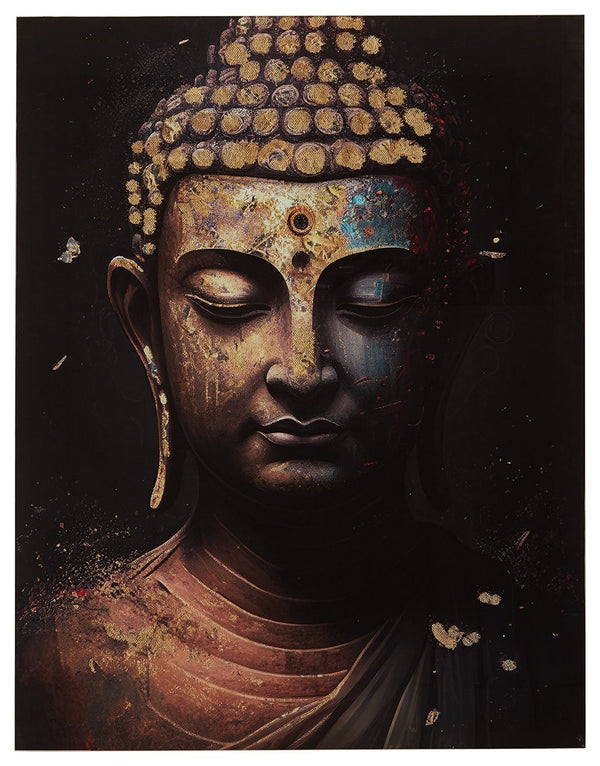 This glass wall art is the perfect addition to a tranquil space. With muted, calming shades of black, teal, rust and gold, this contemporary take on the meditating Buddha instills instant serenity in your home.<br/><br/><b>Product Features</b><ul><li>Prin