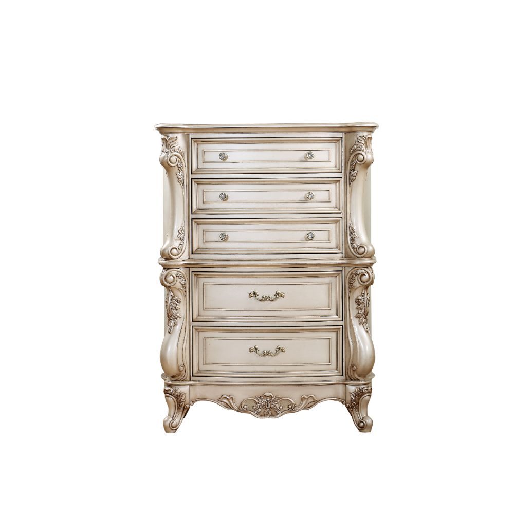 The Gorsedd chest is exclusively designed and filled with romantic spirit. Expertly detailed, the chest is crafted with romantic elements combining Queen Anne legs and ornate floral accents in matching antique finish. Add glamorous French provincial charm