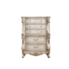The Gorsedd chest is exclusively designed and filled with romantic spirit. Expertly detailed, the chest is crafted with romantic elements combining Queen Anne legs and ornate floral accents in matching antique finish. Add glamorous French provincial charm