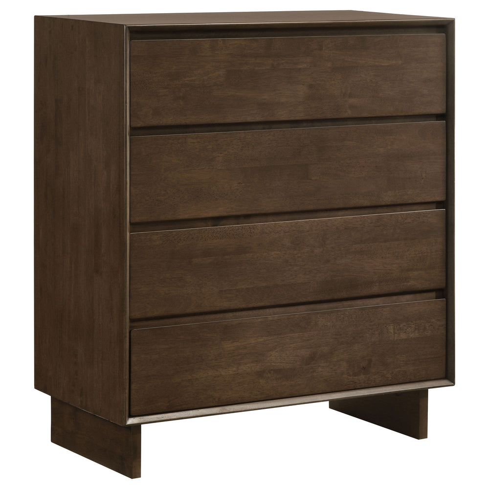 A compact footprint ensures that this modern four-drawer chest blends into any bedroom ensemble. Delivering handsome storage for clothing and accessories, the chest is complete with a felt lined top drawer that offers protection for delicates. Its four dr