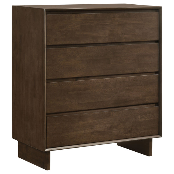 A compact footprint ensures that this modern four-drawer chest blends into any bedroom ensemble. Delivering handsome storage for clothing and accessories, the chest is complete with a felt lined top drawer that offers protection for delicates. Its four dr