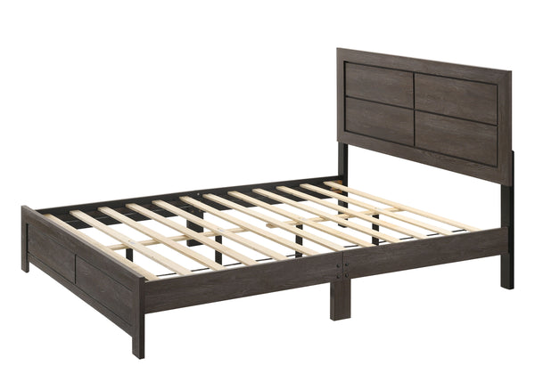  ideal for creating a tranquil and cozy retreat. The ensemble features a robust bed with a clean-lined headboard that brings a touch of rustic charm. The wood grain finish is complemented by