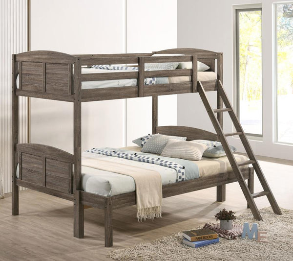  perfect for compact bedrooms and shared sibling spaces. A weathered brown finish lends a neutral hue to transform a space into a serene