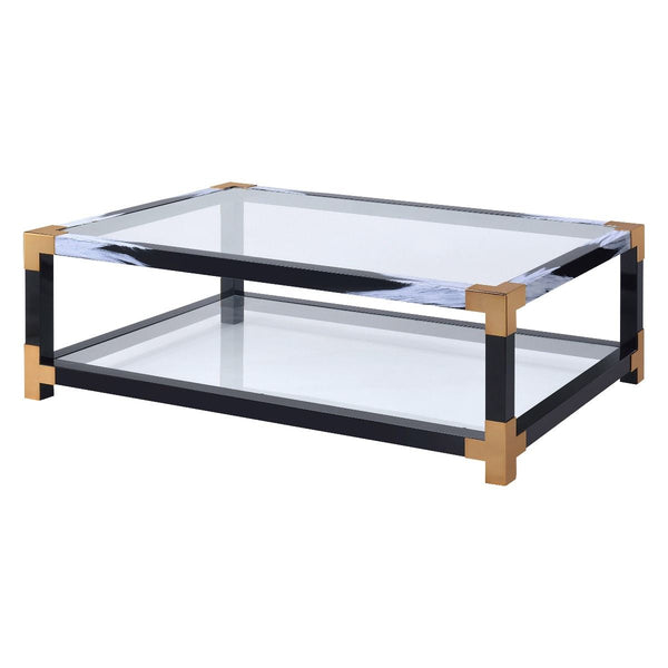 KD, Rectangular Leg Coffee Table â€¢ Storage: Open Compartment (Bottom Glass Shelf) â€¢ Glass Top & Shelf: 5mm Clear Tempered Glass, NOT Beveled (Fixed Top/No Apron) â€¢ Metal Square Leg, Top Trim & Crossbar Support Frame: Hand Brushed White & Copper â€¢ 