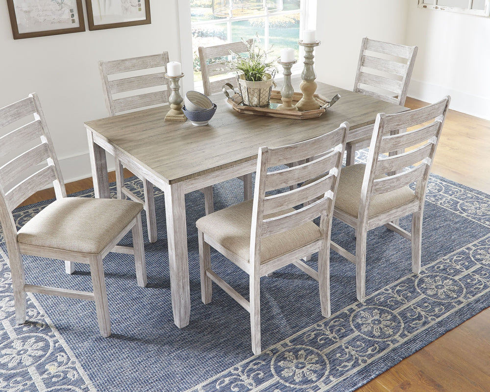 Set the scene for coastal chic or modern farmhouse living with this dining room table set. Clean-lined, simply striking table doubles the charm with a brown tone top with plank effect, paired with a grayish white base with rub through effect for timeworn 