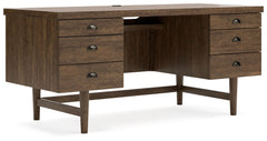 This home office desk expertly blends modern form and function. Its warm brown finish brings an inviting feel to studying or working from home. Handy storage drawers and a discreet spot for files ensure your office is always in order. With its retro-inspi