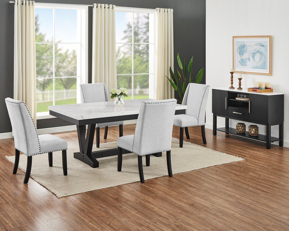 A fresh take on a traditional silhouette makes this group a great addition to your dining space. A faux marble top provides an elegant look while being easy to care for. The trestle base is updated in a contemporary charcoal finish. The upholstered dining