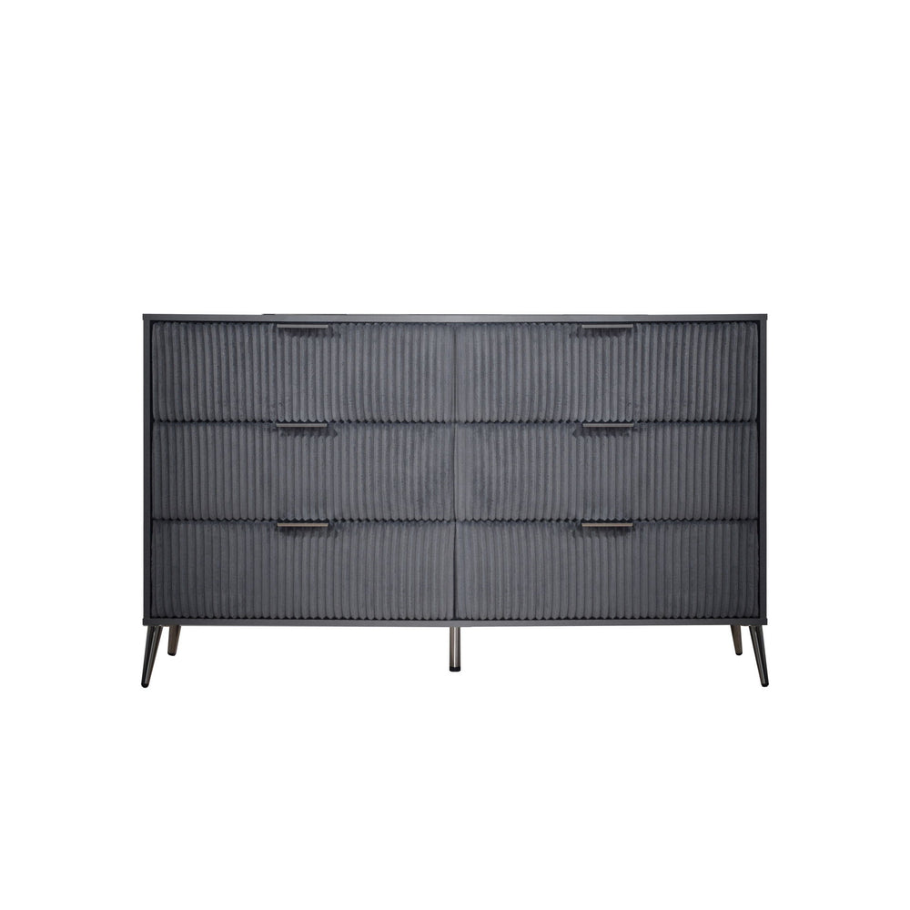 The Kailani 6 Drawer Dresser in gray combines modern minimalist design with durable, eco-friendly construction, making it a stylish and sustainable choice for any bedroom. Crafted from solid rubberwood, engineered wood, and eco-friendly decorative laminat