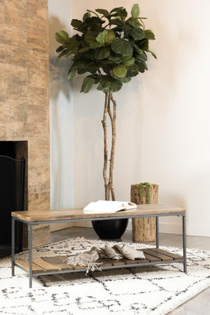  highlighting its organic grain and durability. A gunmetal-finished iron frame adds a mo