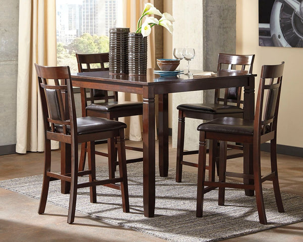  comfortable and ultra-contemporary style with this counter table set. Counter-height design makes eating in feel more like dining out at a trendy pub. Richly upholstered in a practical faux leather with welcome back supports