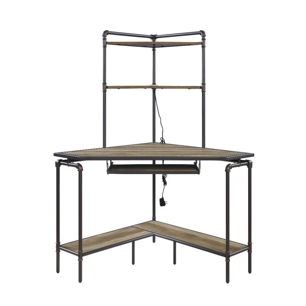 Deliz - Desk - Weathered Dark Oak & Dark Bronze - 36-"<br/><br/><b>Product Features</b><ul><li>Corner Computer Desk with Hutch</li><li>Storage: Open Compartments, Keyboard Tray</li><li>Wooden Top, Keyboard & Shelves</li><li>Metal Frame Base</li><li>Case: 