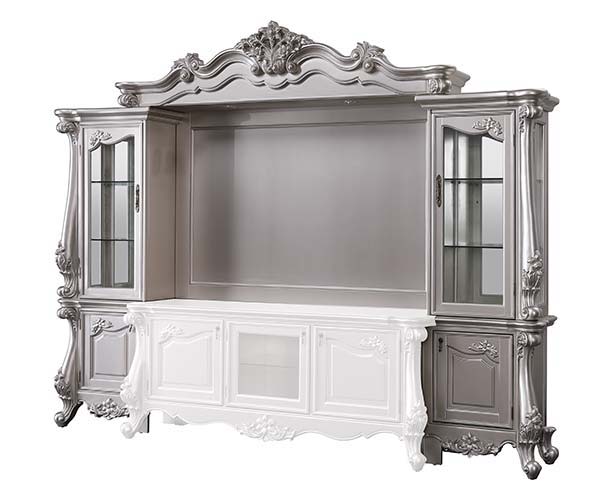 The Bently entertainment center is the perfect centerpiece for your media room. Gorgeous carved floral motifs and over-sized Queen Anne legs grace each part of this set. The TV stand easily accommodates a 70-inch panel TV. Coupled with the side piers, you