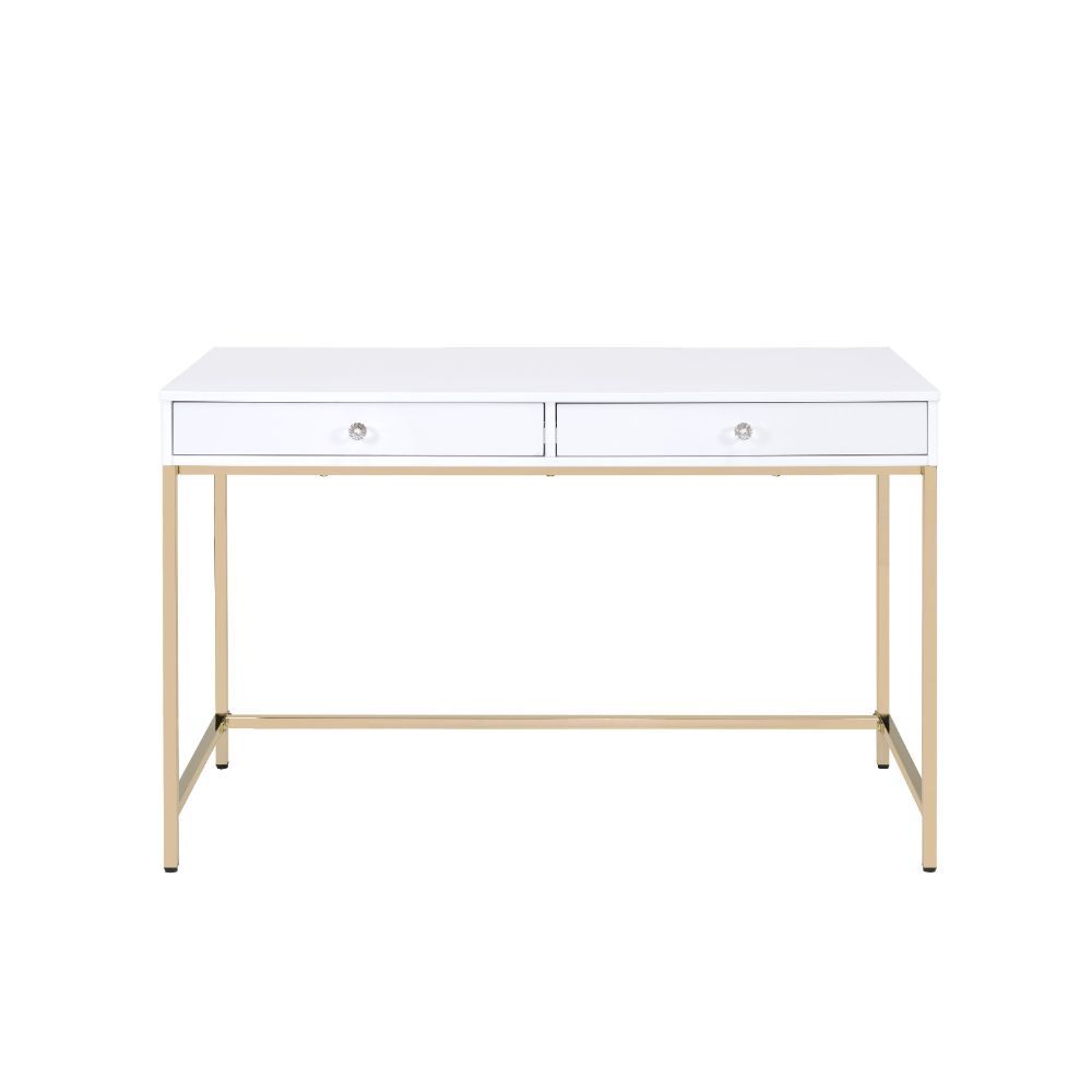 Motivation starts with a great office or study space. Enjoy the contemporary design of this Ottey office desk while getting all of your work done in style. Featuring white high gloss finish with a gold metal base, this practical yet fashionable desk offer