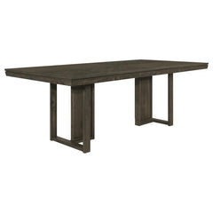 Take your dining experience to new heights with our chic transitional table. The sleek dark grey finish, adorned with a subtle chevron pattern, adds a touch of elegance to any space. The table-'s simple trestle base design brings a modern touch, completin