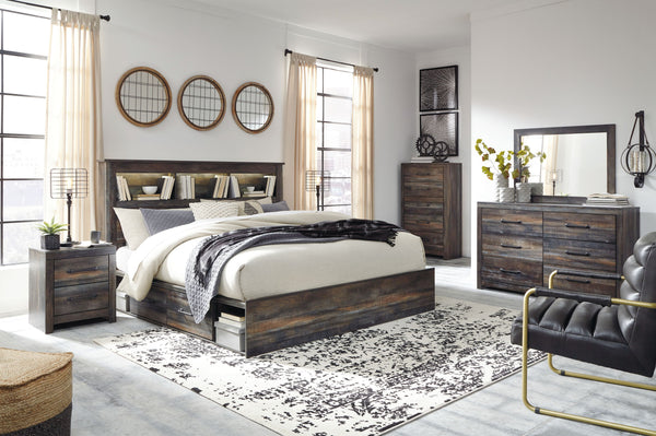 When merged in just the right way, rustic and industrial styles can make one happy marriage. Case in point: this bedroom group. A refined take on barn board beauty, its complex, replicated wood grain showcases hints of burnt orange and teal tones for a se
