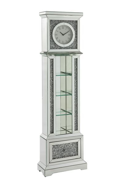â€¢Assembled<br/><br/><b>Product Features</b><ul><li>Grandfather Clock</li><li>Standing Flat Wall</li><li>Storage: 4 Tier Shelf & 1 Storage Drawer</li><li>Beveled Mirrored Case-Frame with Faux Diamonds & Clear Glass Inlay</li><li>Clock Dial: Roman Numeral