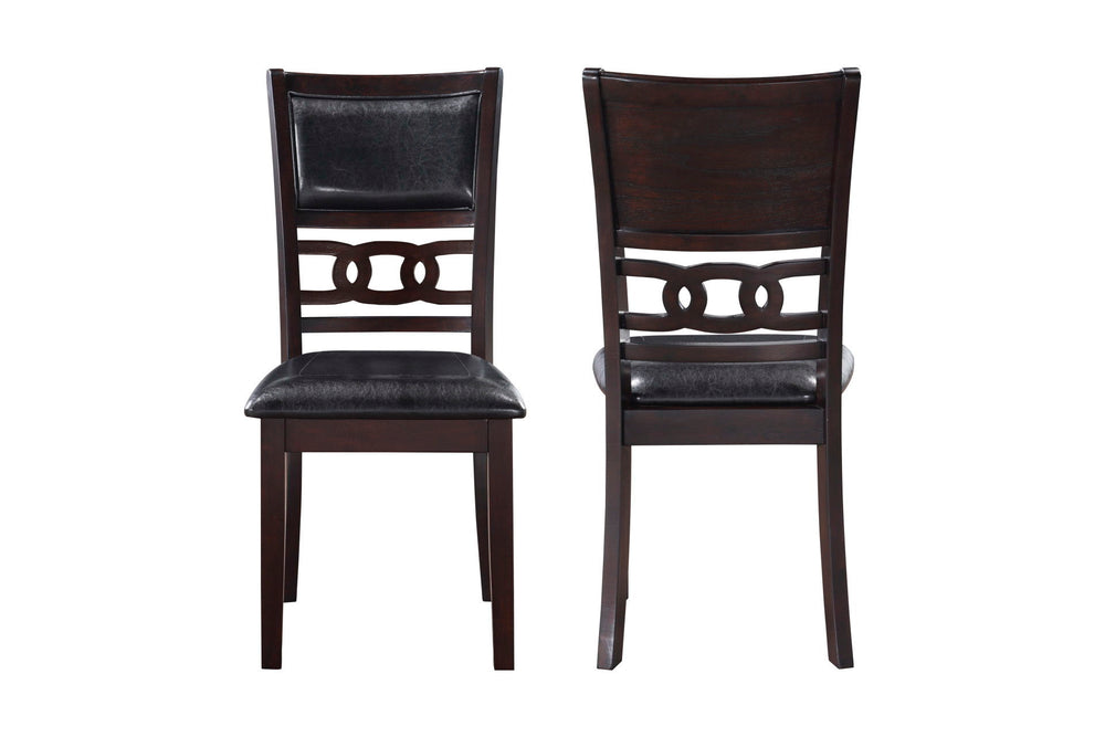Enhance your dining space with this set of two New Classic Gia Wood Dining Chairs in dark ebony finish. Crafted from solid Rubberwood and Mindi veneers, these chairs offer a perfect blend of durability and aesthetic appeal. The deep ebony finish, achieved