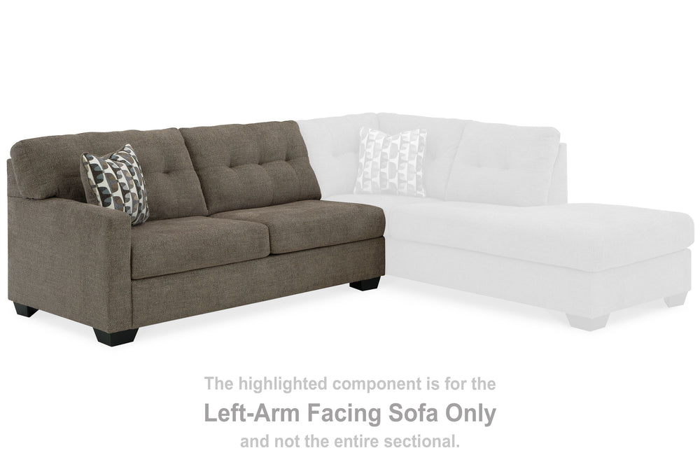 This left-arm facing sofa is made with polyester upholstery. Pairs with other items in the series to make a sectional.<br><br><b>Additional Dimensions</b><br><ul><li>Arm height: 25-"</li><li>Seat depth: 22-"</li><li>Seat height: 20-"</li><li>Top of cushio