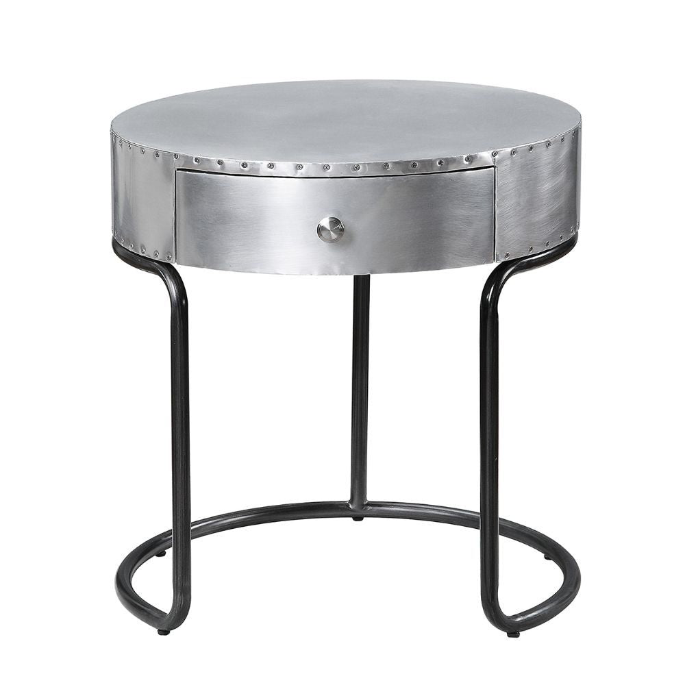 Assambled, Drum End Table Storage: 1 Drawer () Patchwork Aluminum Top/Drawer Metal Round Frame (Open) CONSTRUCTION Patchwork Aluminum Top/Drawer: Aluminum, Frame: Ply Metal Frame Base: Iron (Size 16-"H)<br/><br/><b>Product Features</b><ul><li>Case: 1Pc/1C