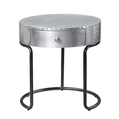Assambled, Drum End Table Storage: 1 Drawer () Patchwork Aluminum Top/Drawer Metal Round Frame (Open) CONSTRUCTION Patchwork Aluminum Top/Drawer: Aluminum, Frame: Ply Metal Frame Base: Iron (Size 16-"H)<br/><br/><b>Product Features</b><ul><li>Case: 1Pc/1C