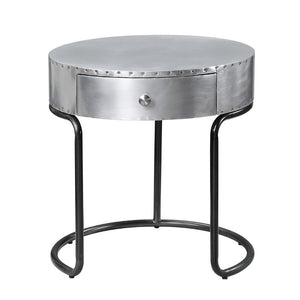 Assambled, Drum End Table Storage: 1 Drawer () Patchwork Aluminum Top/Drawer Metal Round Frame (Open) CONSTRUCTION Patchwork Aluminum Top/Drawer: Aluminum, Frame: Ply Metal Frame Base: Iron (Size 16-"H)<br/><br/><b>Product Features</b><ul><li>Case: 1Pc/1C