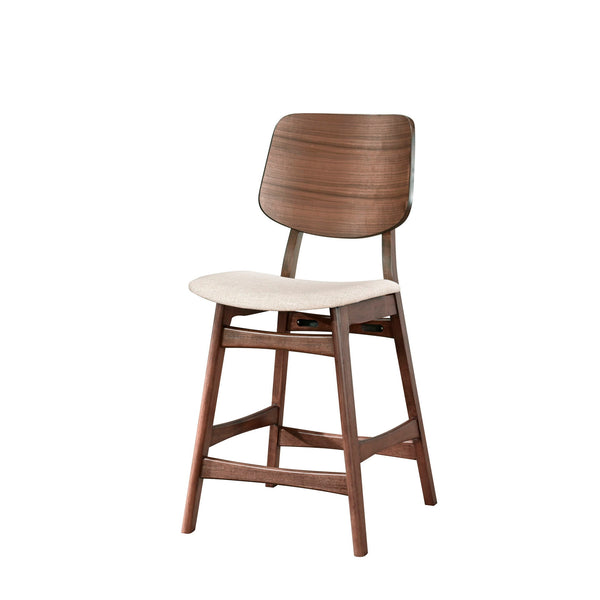 The Oscar Mid-Century Modern Counter Height Dining Chairs (Set of Two) offer a perfect blend of style and practicality for your dining space. Crafted from solid Rubberwood and Walnut veneers, these counter height chairs are built to last, with reinforcing